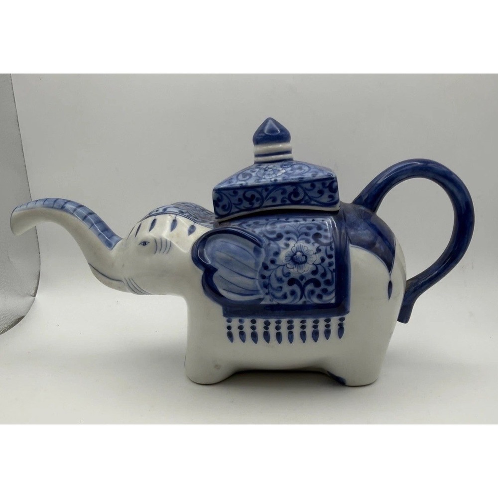 Blue White Elephant Teapot Thailand Ceramic Floral Asian Decor